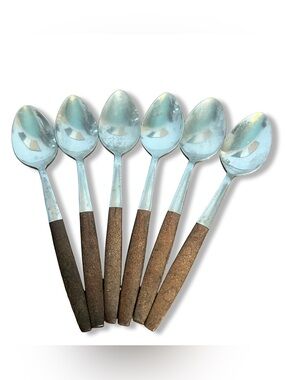 MCM Mid-Century Interpur Stainless Steel Spoon Brown Wood Handles Japan Set of 6